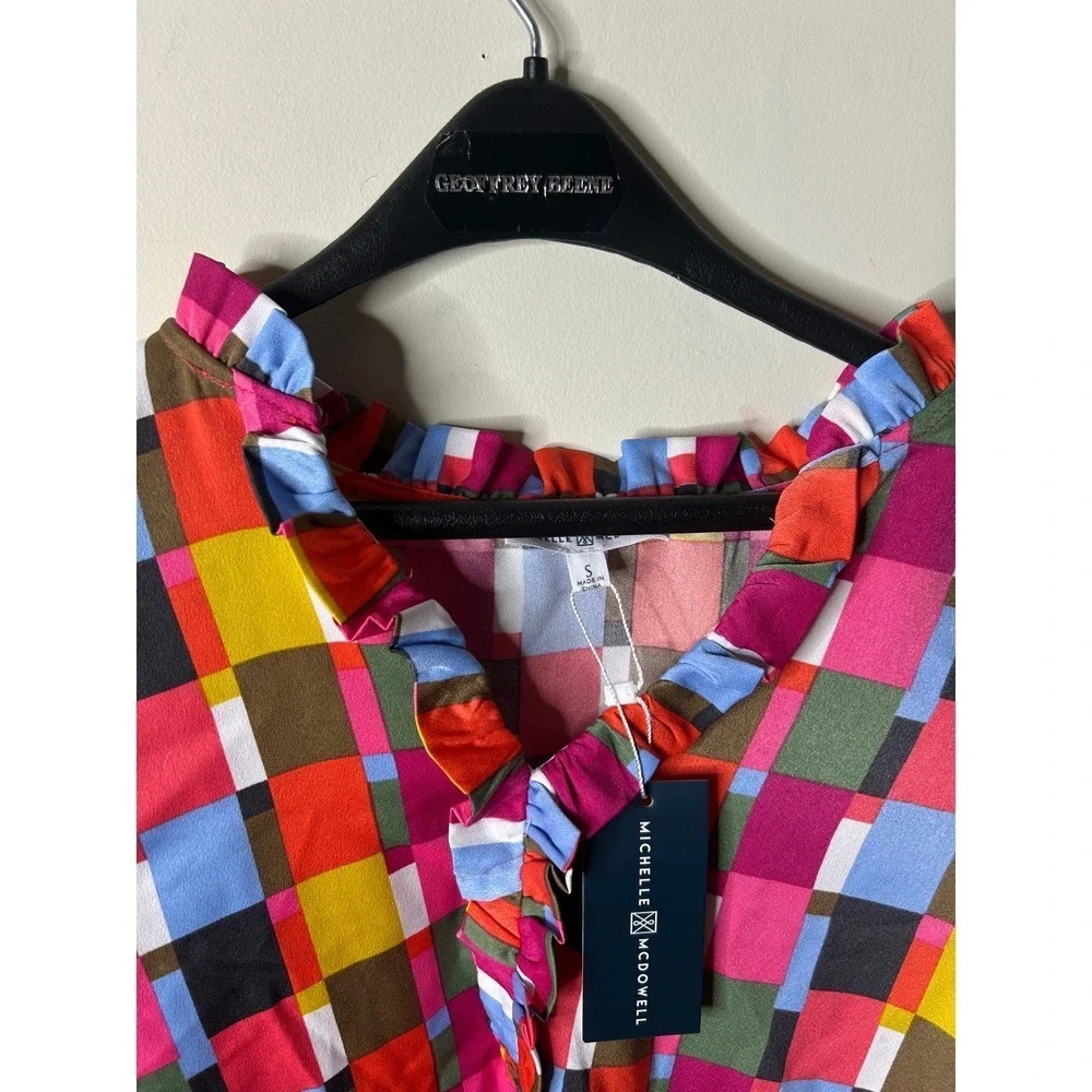 Michelle McDowell Ruffle Neck Blouse Women S‎ Multicolor NEW Patchwork Geometric